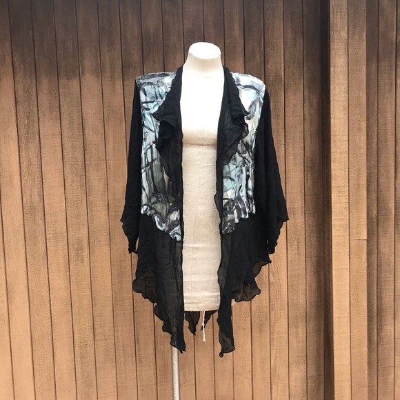 Vintage 80s Sheer Open Blouse Top Abstract Print L - Picture 10 of 11